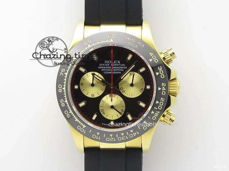 MiroTime 0512 TopPick Daytona YG BP Maker Black Dial Gold Subdial Sticks Markers On Rubber Strap A7750@ 4013